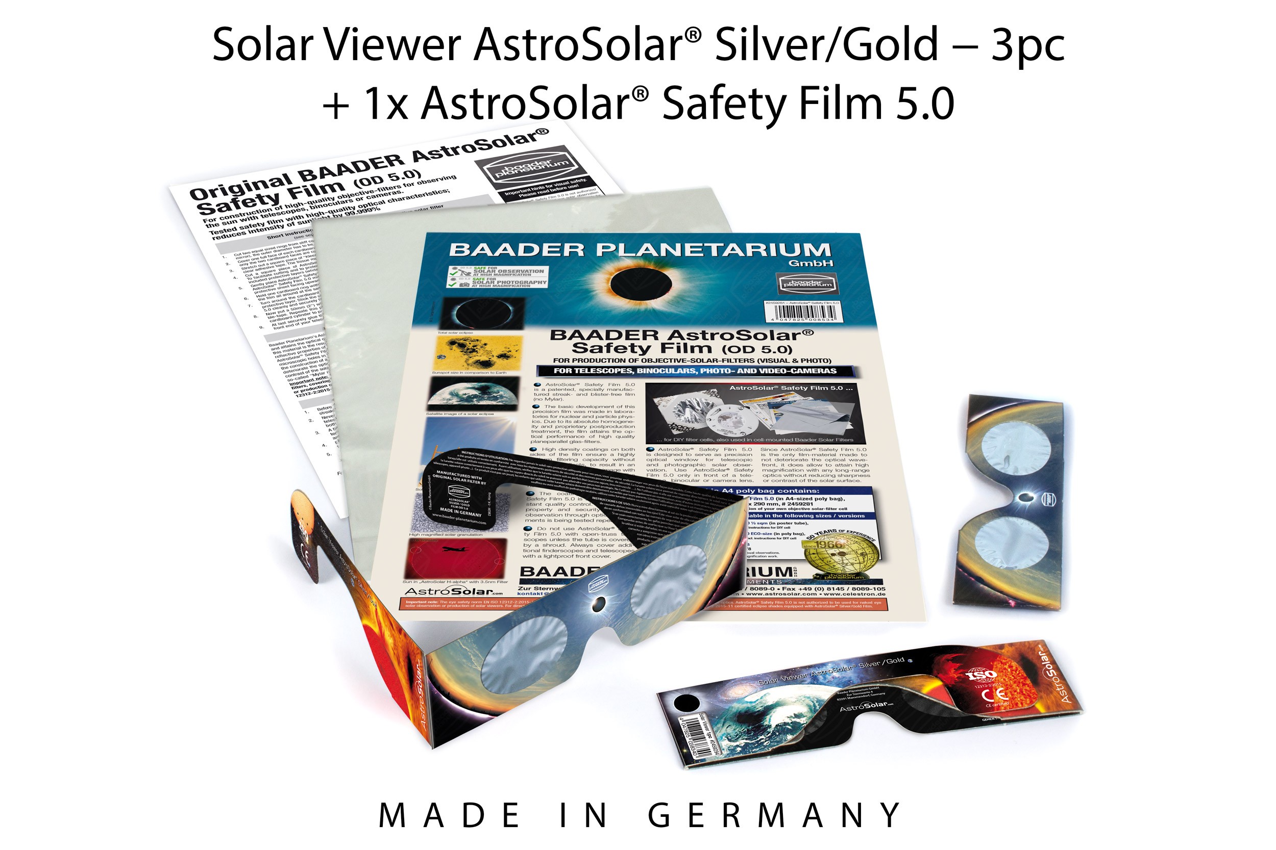 3pc Solar Viewer AstroSolar® Silver/Gold + 1x AstroSolar® Safety Film 5.0 - 20x29 cm