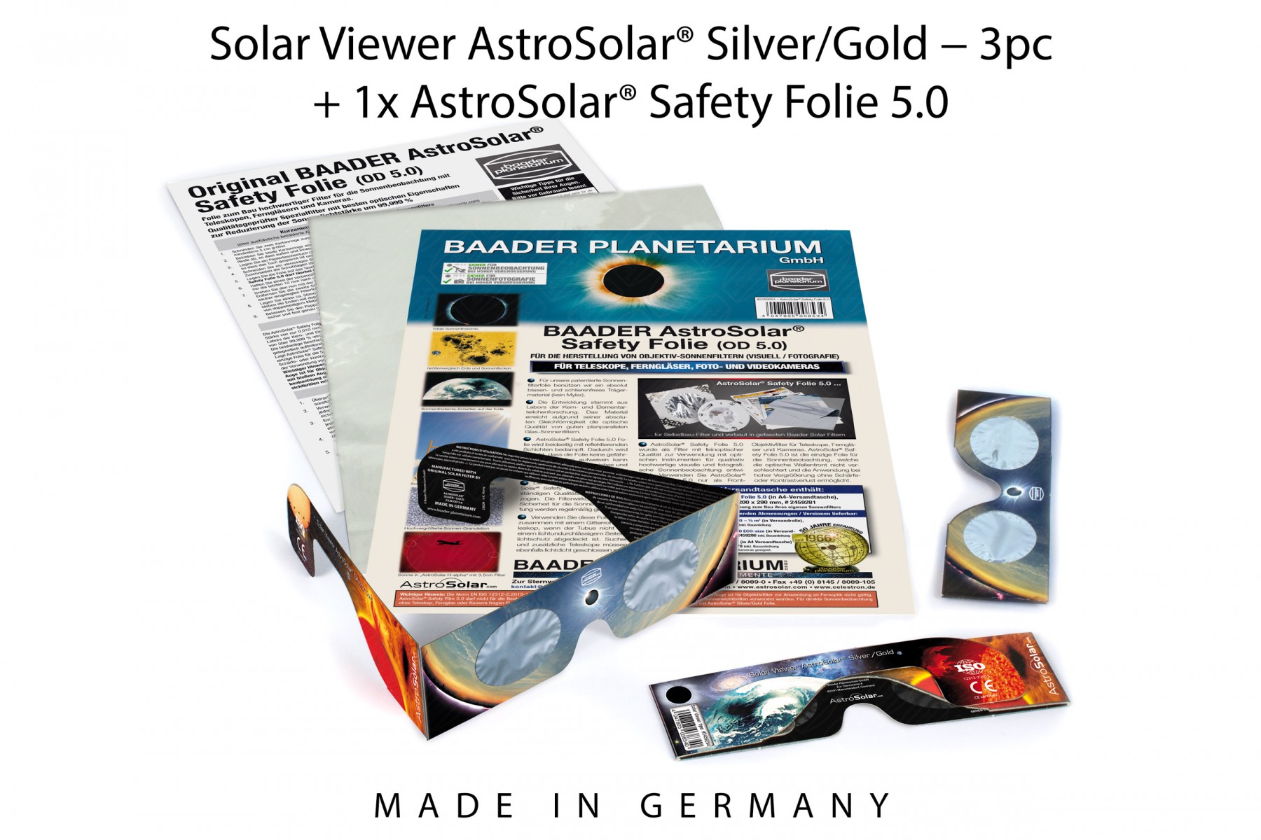 3x Solar Viewer AstroSolar® Silver/Gold + 1x AstroSolar® Safety Folie 5.0 - 20x29 cm