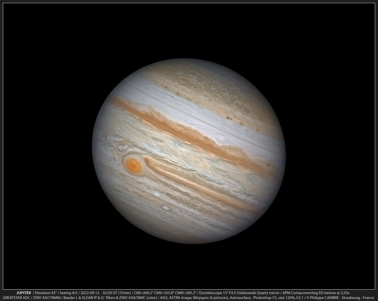 Application: Baader SLOAN R' & G', & Baader CMOS L on Jupiter with a 15' Doctelescope ALT AZ Dobson ©Philippe Cambre