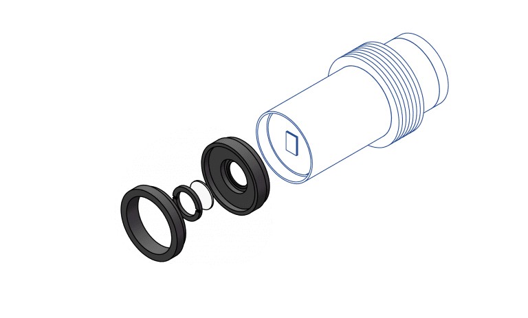 Abschraubbarer Filterhalter mit eingebautem 12.5mm (1/2") UV/IR Sperrfilter. Wenn man den Haltering mitsamt dem eingebauten 1/2" Filter entfernt, lassen sich alle handelsüblichen 1 1/4"  stattdessen anschrauben.